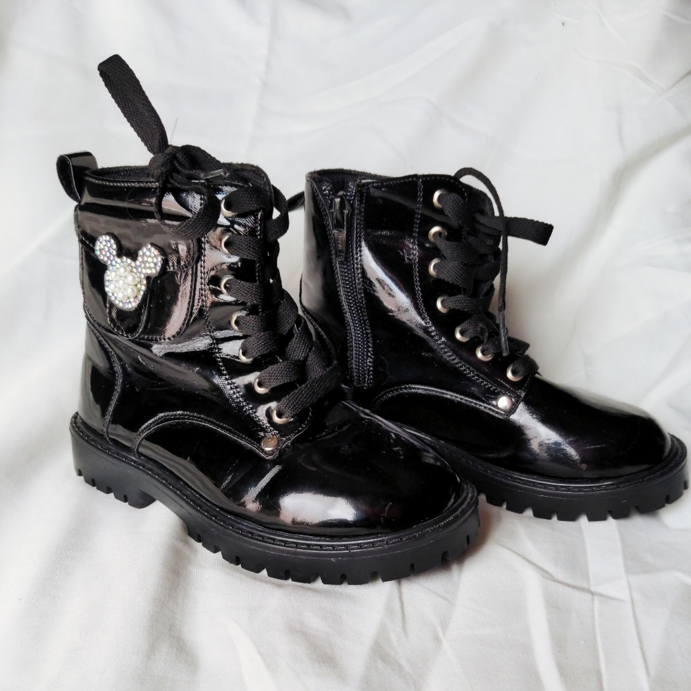 Black Patent Girl's Leather Boots with Rhinestone Detail Mickey Mouse